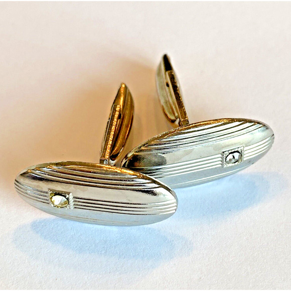 Vintage Mid Century Cufflinks Atomic Age Jewelry Silvertone & White Rhinestone - Picture 5 of 7